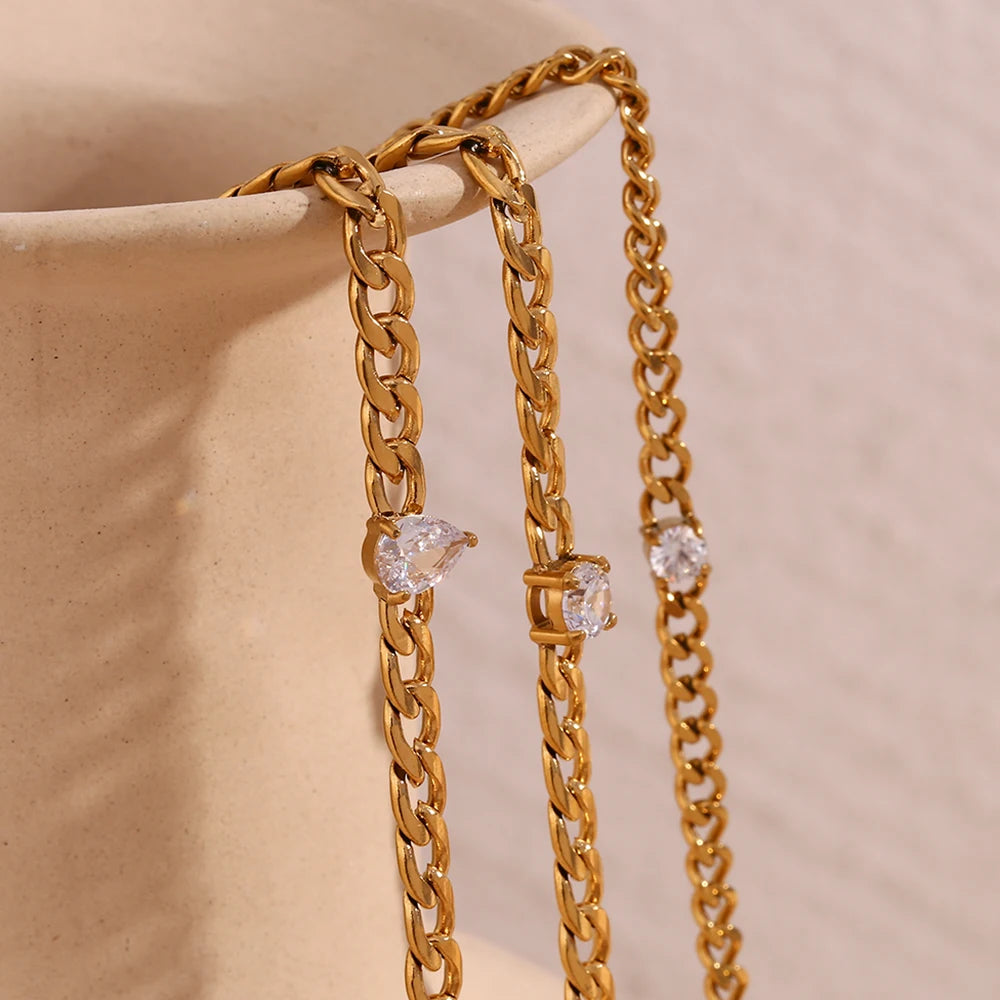 E.B.belle Round Water Drop Zircon Chain Bracelet Waterproof 316L Stainless Steel Accessories 18K Gold Plated Bracelet for Women