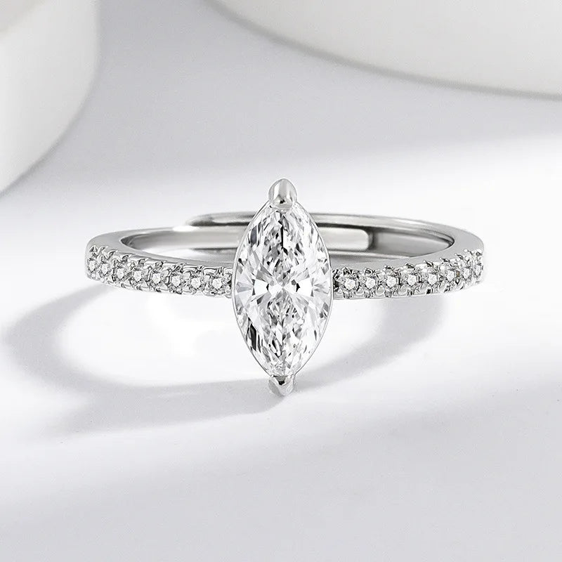 Adjustable 925 Sterling Silver Marquise-Cut Zircon Ring