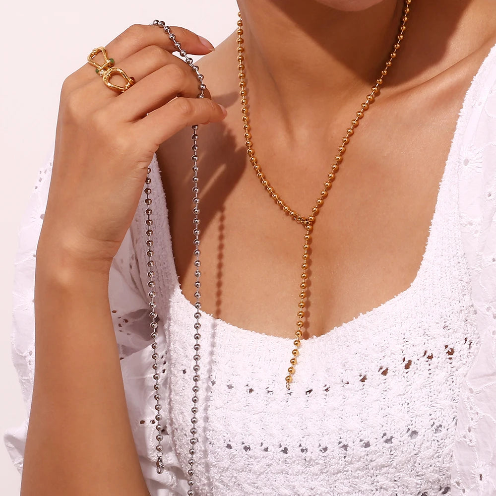 Simple Beads Chain Necklace Hypoallergenic Tarnish Free 18K Gold Plated Jewelry Silver Color 316L Stainless Steel Basic Jewelry