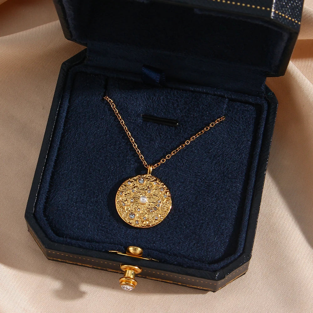 E.B.belle Design Elegant Pearl Crystal Moon Star Necklace Vintage Irregualr Surface Stainless Steel Coin Necklace For Women