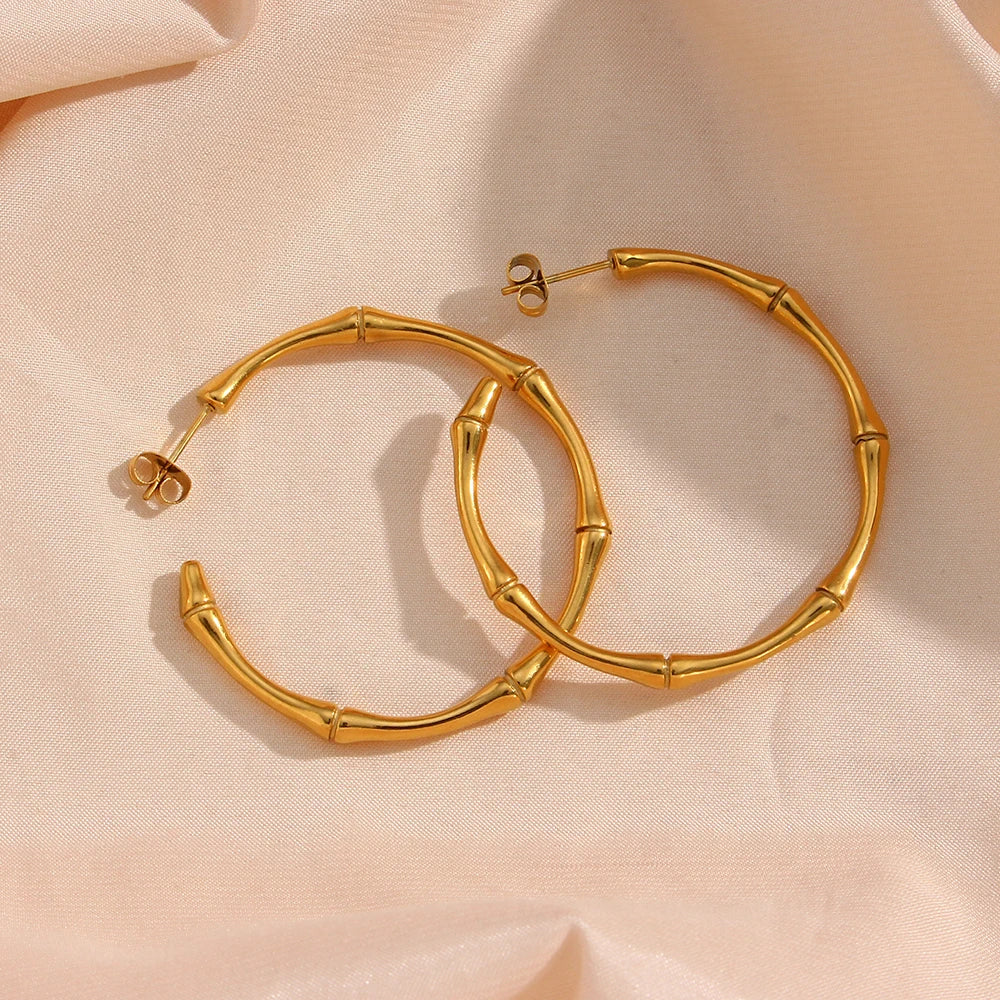 E.B.belle Minimalist Basic Thin Bamboo Large Gold Hoop Earrings For Women Stainless Steel Gold Plated Waterproof Female Big Hoop