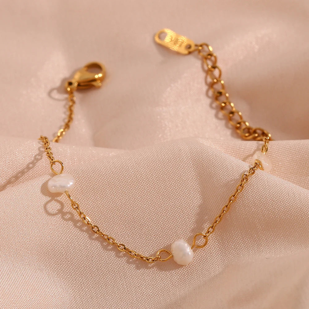 E.B.belle Anti-allergy Stainless Steel Chain Freshwater Pearl Chain Necklace Bracelets For Women Gold Plated Jewelry Set