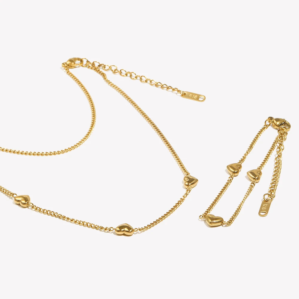 E.B.belle Heart Chain Bracelet Necklace Simple Stainless Steel Women's Hand Bracelets Sweet Style 18K Gold Plated Jewelry Set