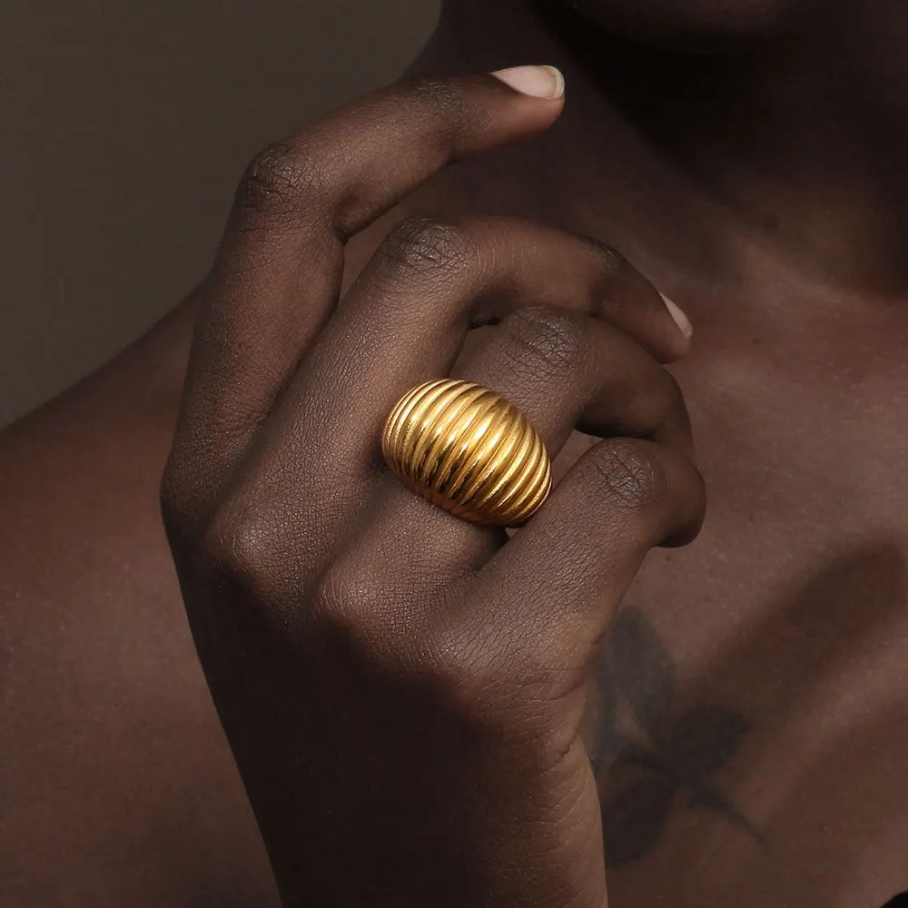 E.B.belle Minimalist Style Fat Bread Stripe Ring 18K Gold Plated Stainless Steel Party Women Fashion Jewelry