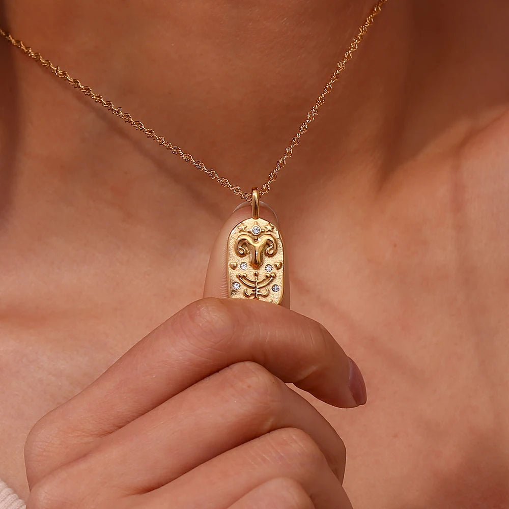 E.B.belle Trendy Personality Square Stainless steel Pendant Embossment 12 Constellation Sign PVD Gold-plating Necklace For Women