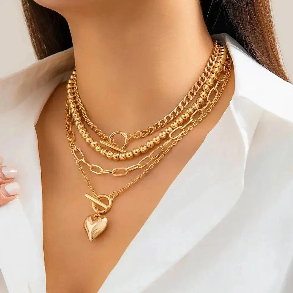 Layered Necklace Set with Heart Pendant