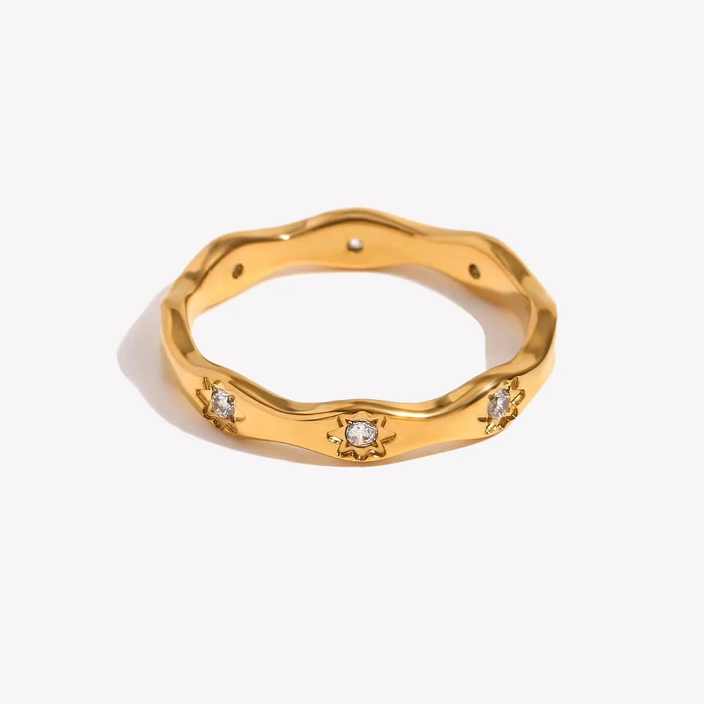 E.B.belle Rhinestone Eight Awn Star Wave Shape Ring  Stainless Steel 18k Gold Plated Exquisite Women Jewelry For Party Dating