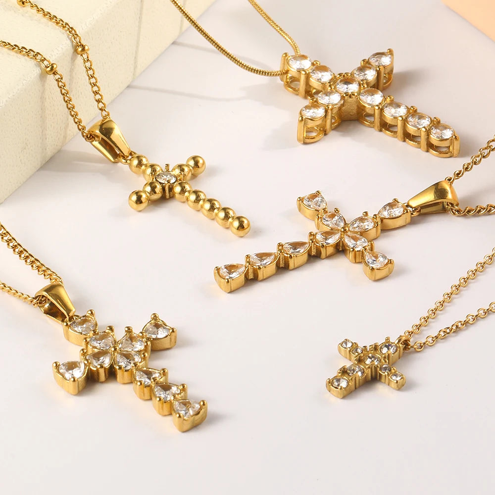 E.B.belle Fashion Style Luxury Clear Zircon Cross Series  Pendant Necklace 18K Gold Plated Stainless Steel Party Women Jewelry
