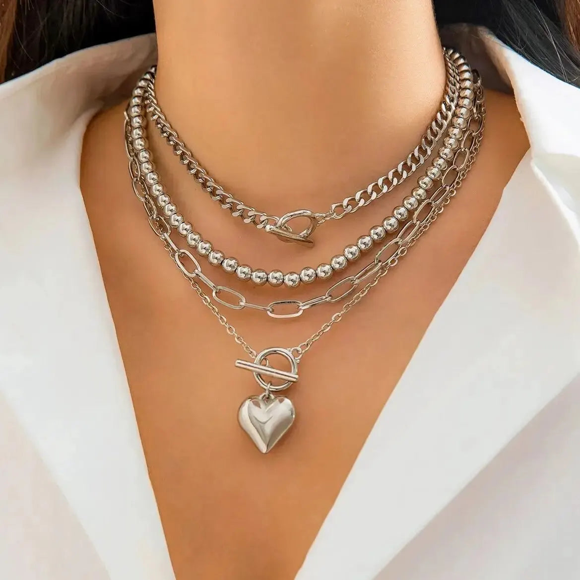 Layered Necklace Set with Heart Pendant