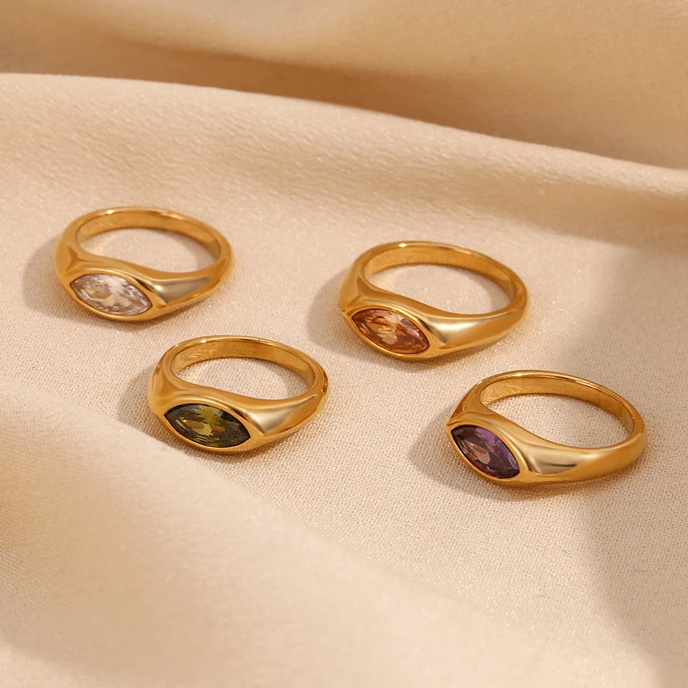 E.B.belle Horse Eye Zircon Seal Ring Colorful Hypoallergenic 316L Stainless Steel Decoration 18K Gold Plated Jewelry