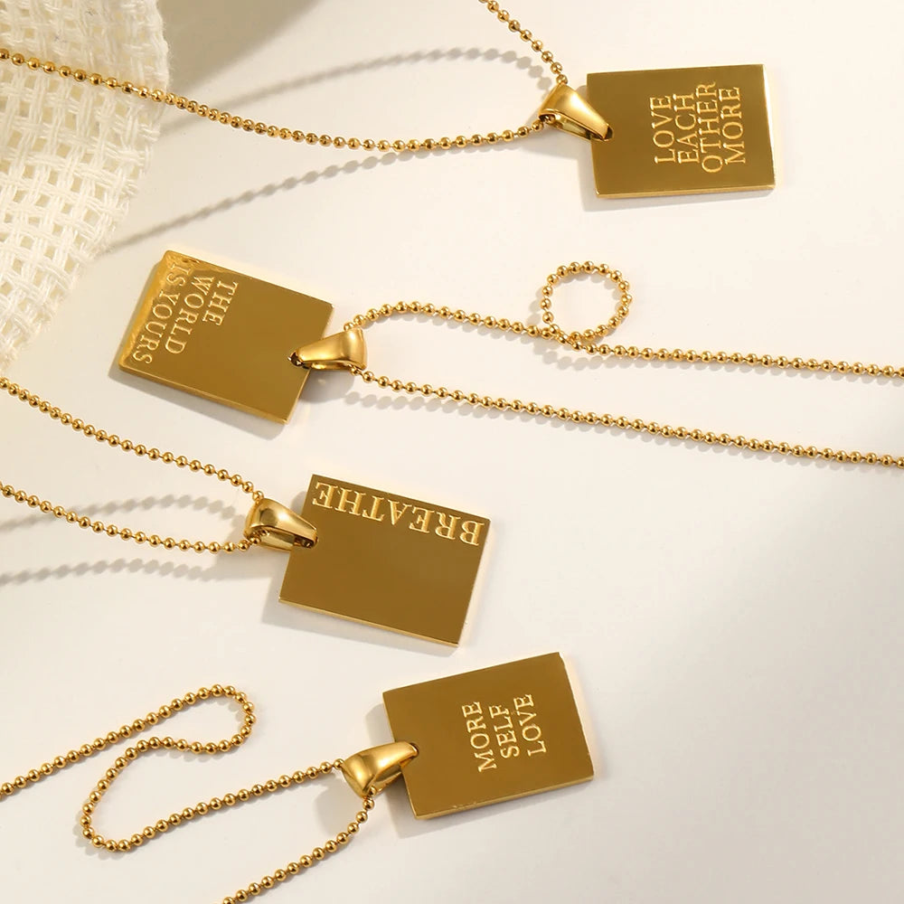 E.B.belle Stylish Hip Hop Personal Engraved Letter Square Pendant Necklace Beads Chain Stainless Steel Gold Color Necklace
