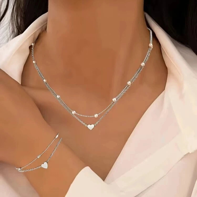 Elegant Pearl Heart Necklace & Bracelet Set