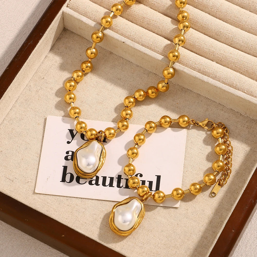 E.B.belle 18K Gold Plated Irregular Pearl Pendant Jewelry Set Stainless Steel Baroque Style Party Women Bracelet Necklace