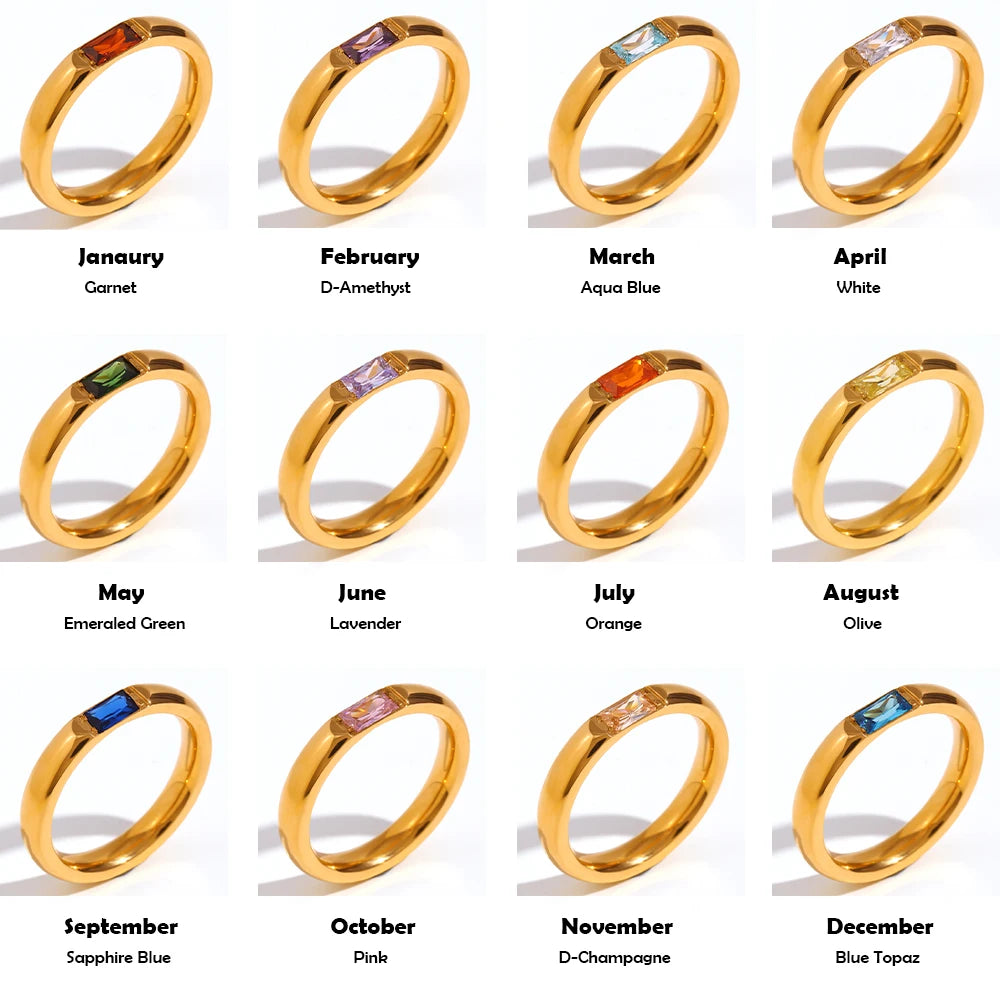 E.B.belle 18K Gold Plated Shiny 12 Colors Birthstone Ring Stainless Steel Gold Plated Zircon Rings Zodiac ConstellationFor Women