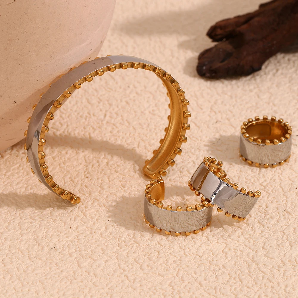 E.B.belle Double Color Beads Edge Glossy Bracelet Earring Ring Women Jewelry Set Stainless Steel 18k Gold Plated Waterproof
