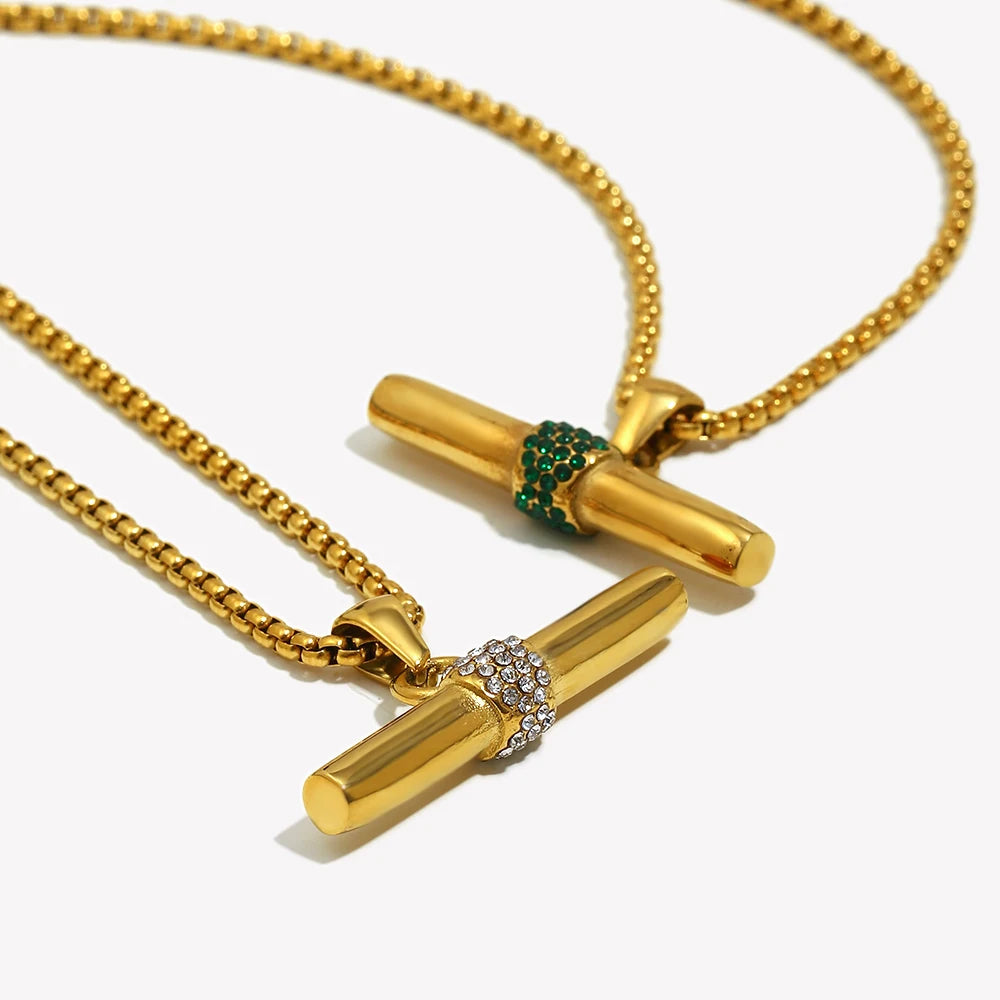 Green Crystal Color Rhinestone T Bar Pendant Square Pearl Chain Stainless Steel Gold Plated Necklace Wholesale Christmas Jewelry