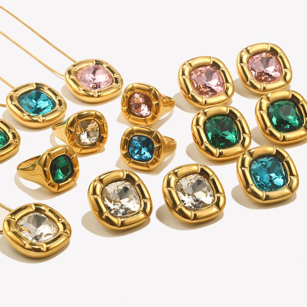 E.B.belle Round Square Flower Zircon Earrings Necklace Ring Tarnish Free Stainless Steel Women's Ring 18K Gold Plated Jewelry