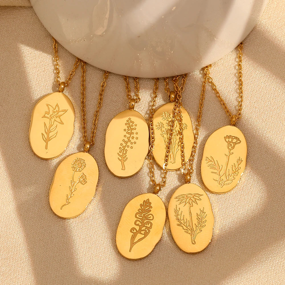 E.B.belle Tarnish Free Irregular Personality 12 Months Flower Pendant Necklace Stainless Steel Gold Plated Birthstone Necklace