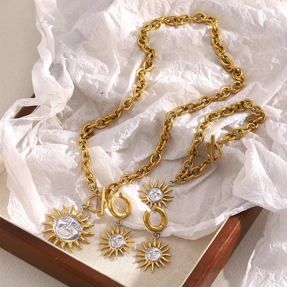E.B.belle Double Color OT Buckle Sun Pendant Bracelet Necklace Drop Earrings 316L Stainless Steel Gold Plated Unique Jewelry Set