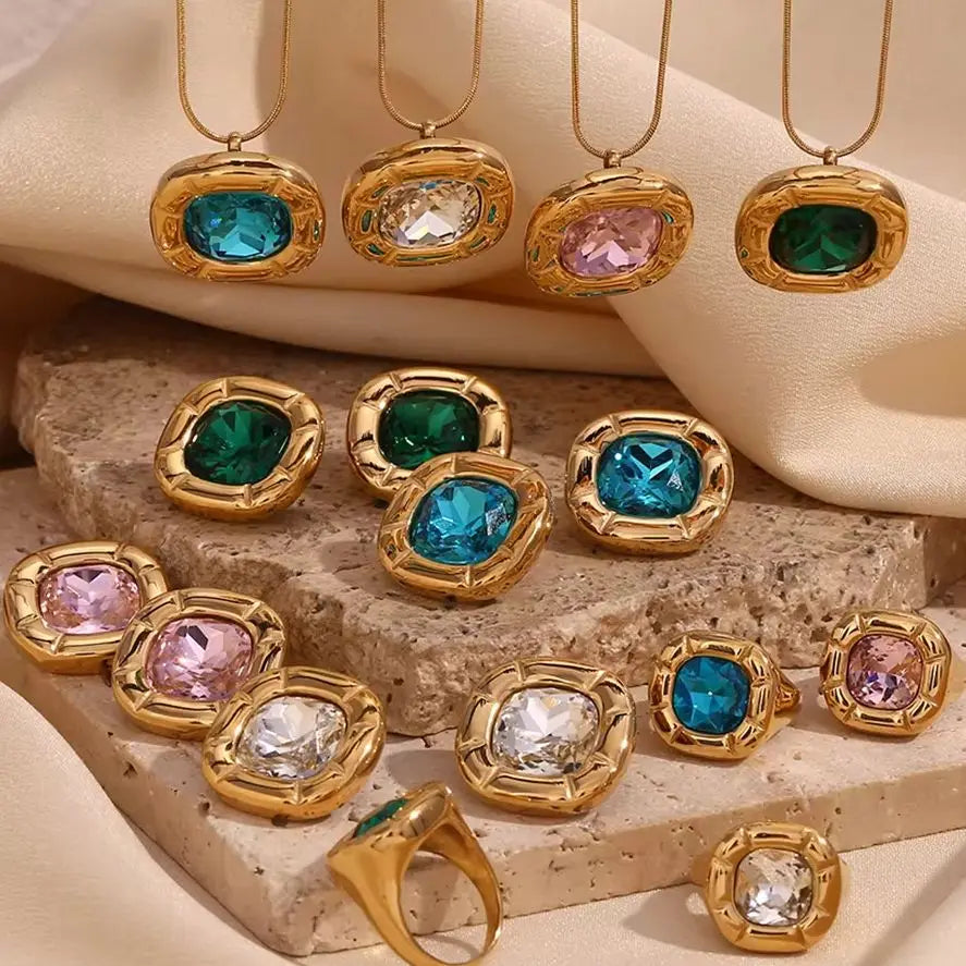 E.B.belle Round Square Flower Zircon Earrings Necklace Ring Tarnish Free Stainless Steel Women's Ring 18K Gold Plated Jewelry