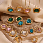 E.B.belle Round Square Flower Zircon Earrings Necklace Ring Tarnish Free Stainless Steel Women's Ring 18K Gold Plated Jewelry