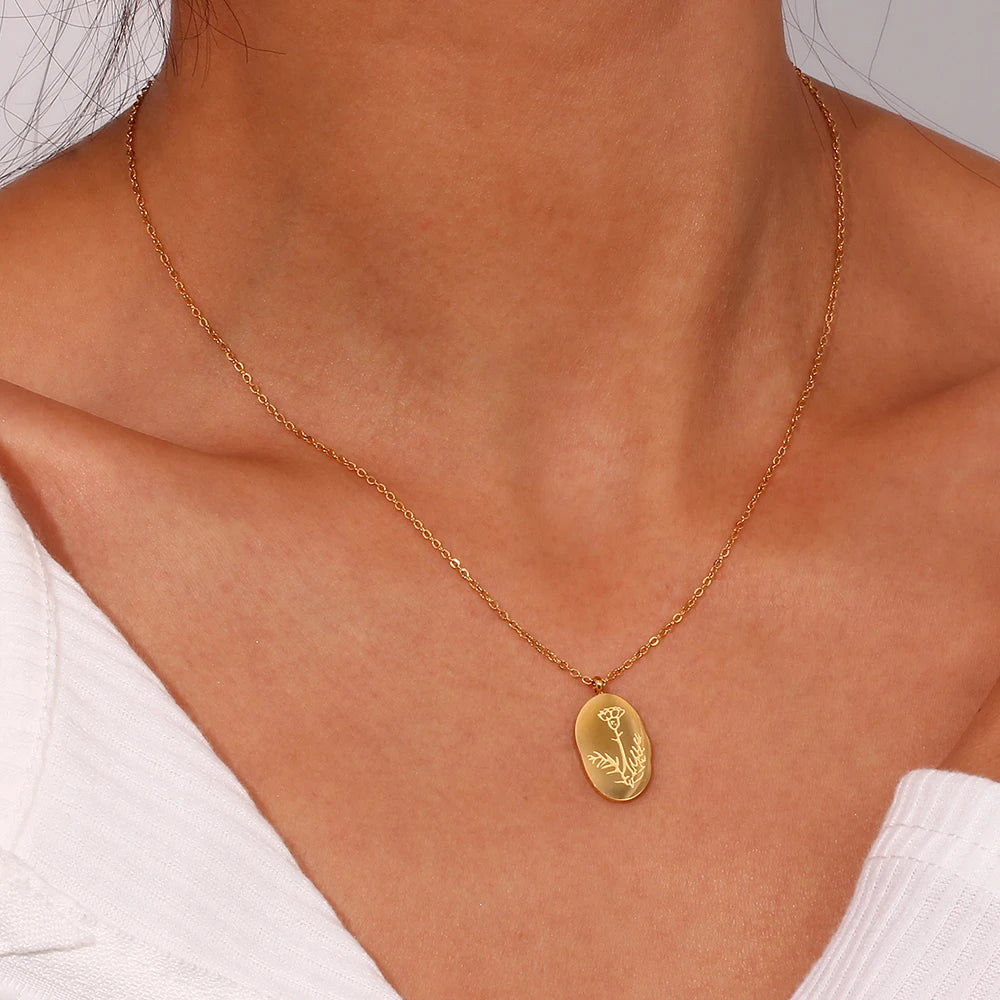 E.B.belle Tarnish Free Irregular Personality 12 Months Flower Pendant Necklace Stainless Steel Gold Plated Birthstone Necklace