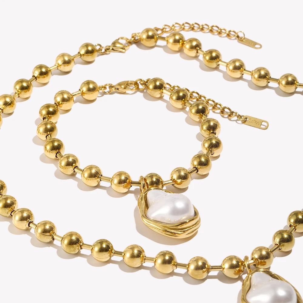 E.B.belle 18K Gold Plated Irregular Pearl Pendant Jewelry Set Stainless Steel Baroque Style Party Women Bracelet Necklace